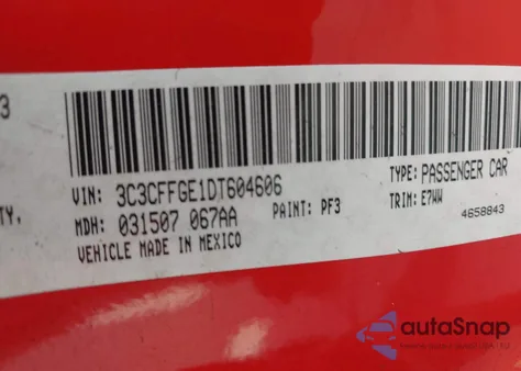 2013 Fiat 500E Battery Electric z USA, uszkodzony, nr VIN 3C3CFFGE1DT604606